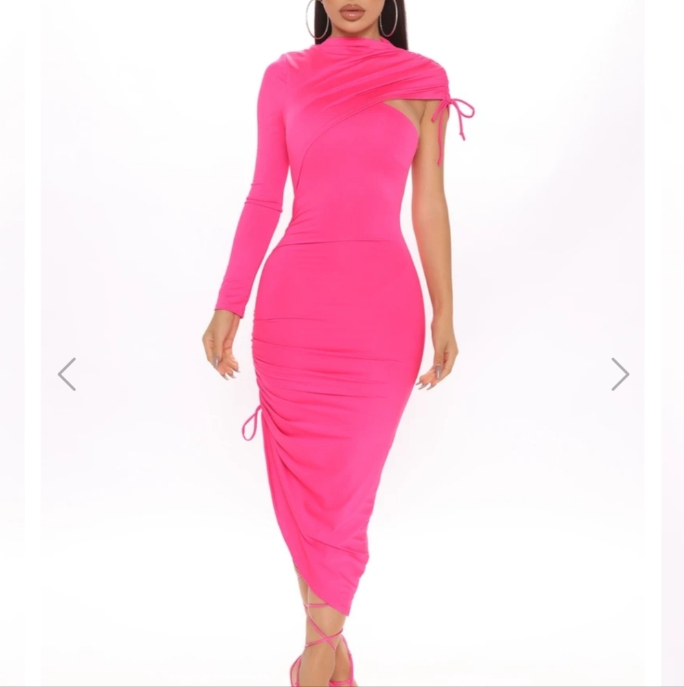Fashion Nova Hot Pink One-Shoulder Ruched Midi Dress